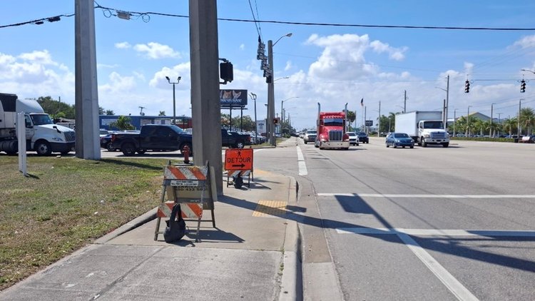 Pedestrian Detour Okeechobee Blvd and Church, East Bound   March 2025