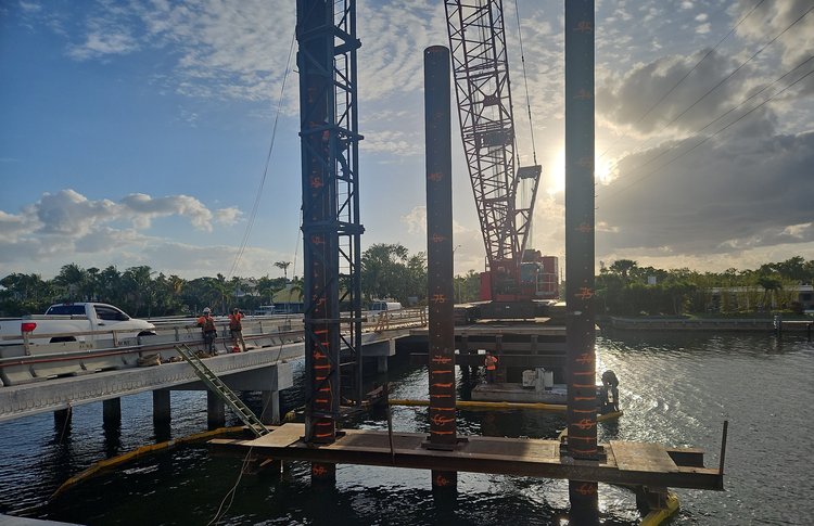 Phase 2 pile driving of temporary work platform pile bent 7 and 8, April 2025