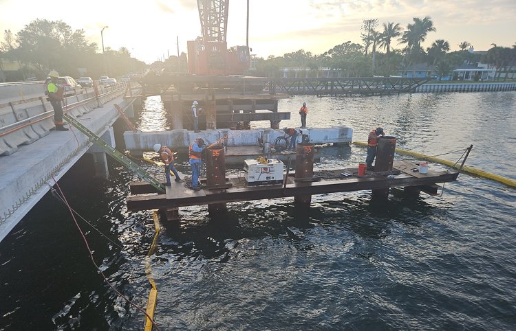 Phase 2 pile splicing for temporary work platform bent 7 and 8, April 2025