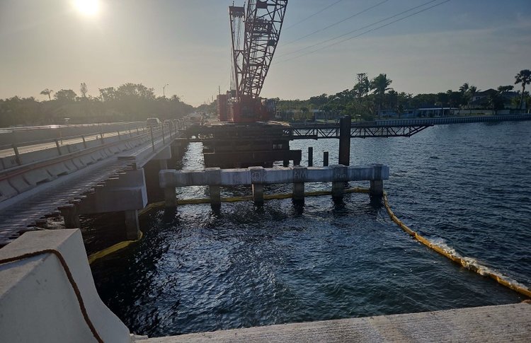 Demolition of Span 56, shown are piles and cap of bent 57 which are to be demolished, May 2025