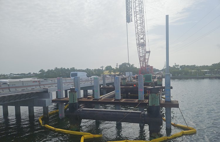 Bent 57 piles driven and completed (foreground). Bent 58 testpile completed (background), June 2025