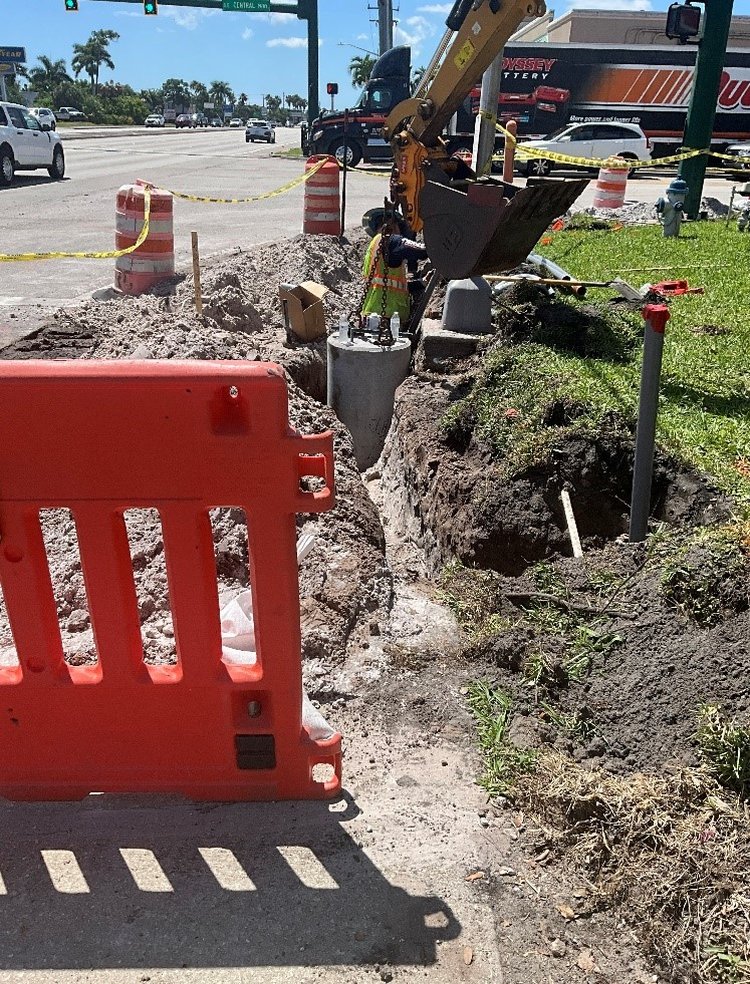Pedestrian pole foundation installation at US 1 and SE Central Parkway, May 2025