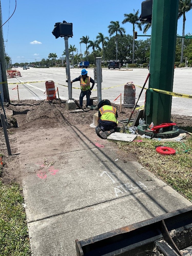 Pedestrian pole foundation installation at US 1 and SE Central Parkway looking north, May 2025